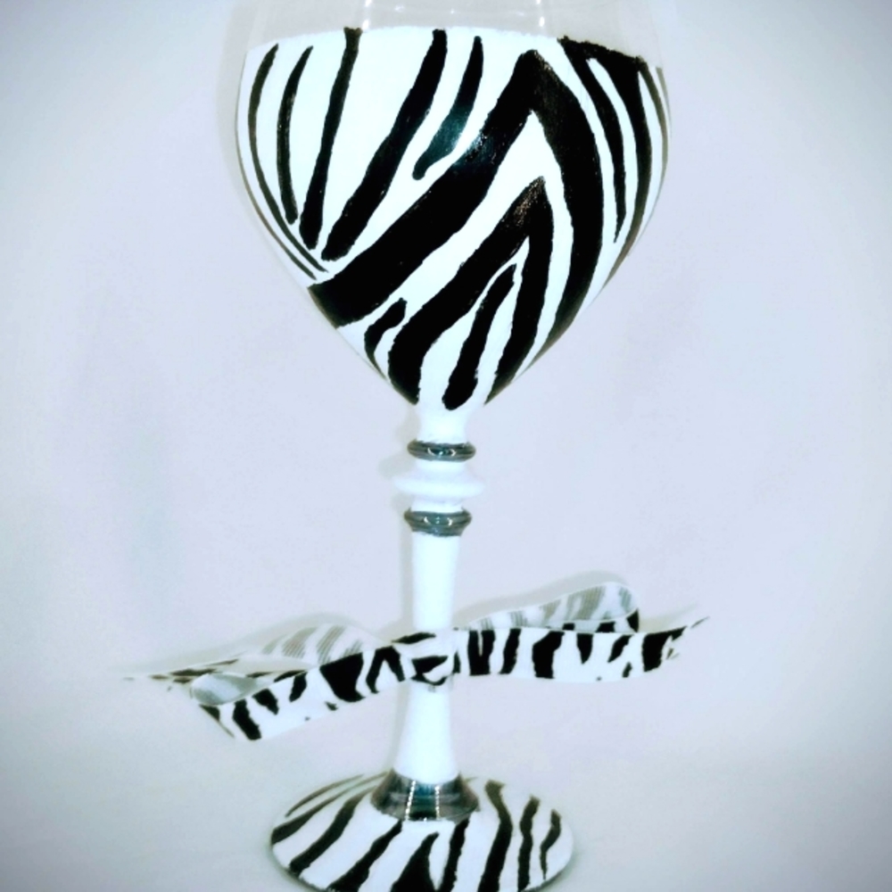 Hand painted zebra large wine glass